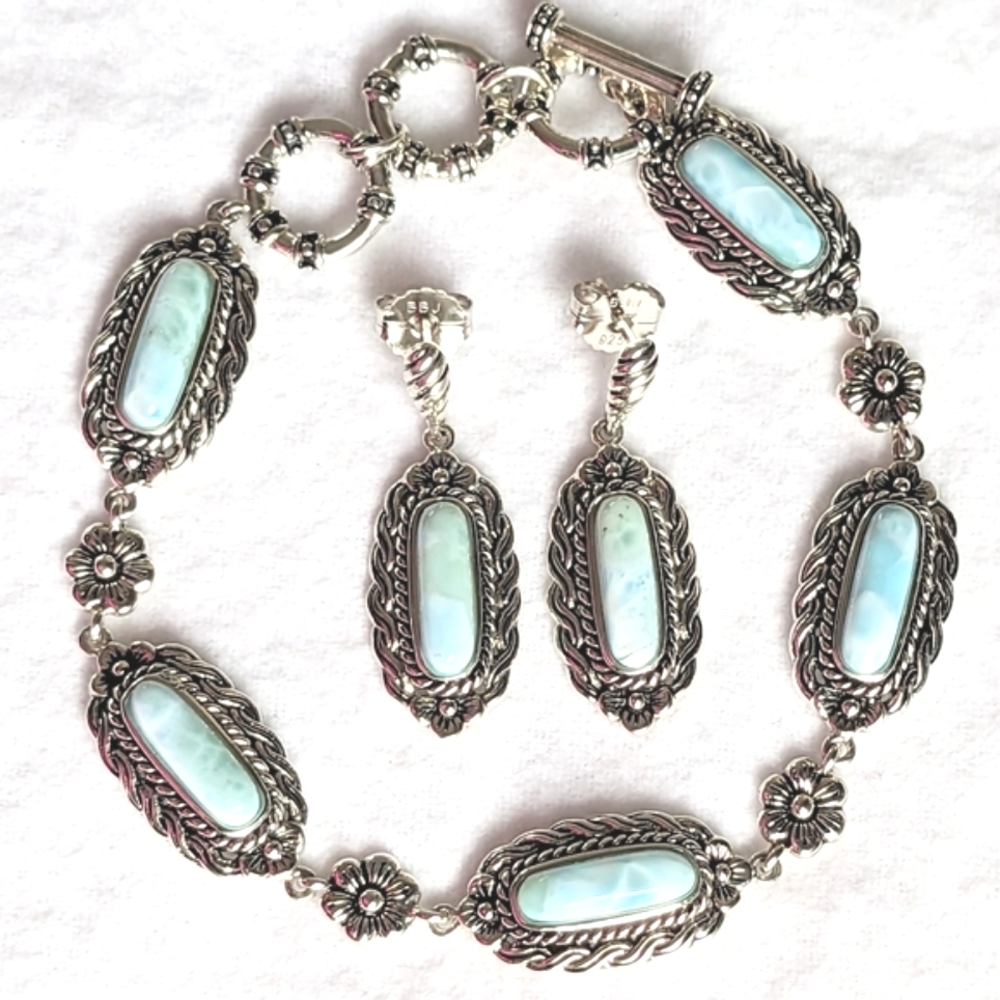 NEW Larimar & Sterling Silver Earrings & Bracelet Set. 3-piece Set,  925